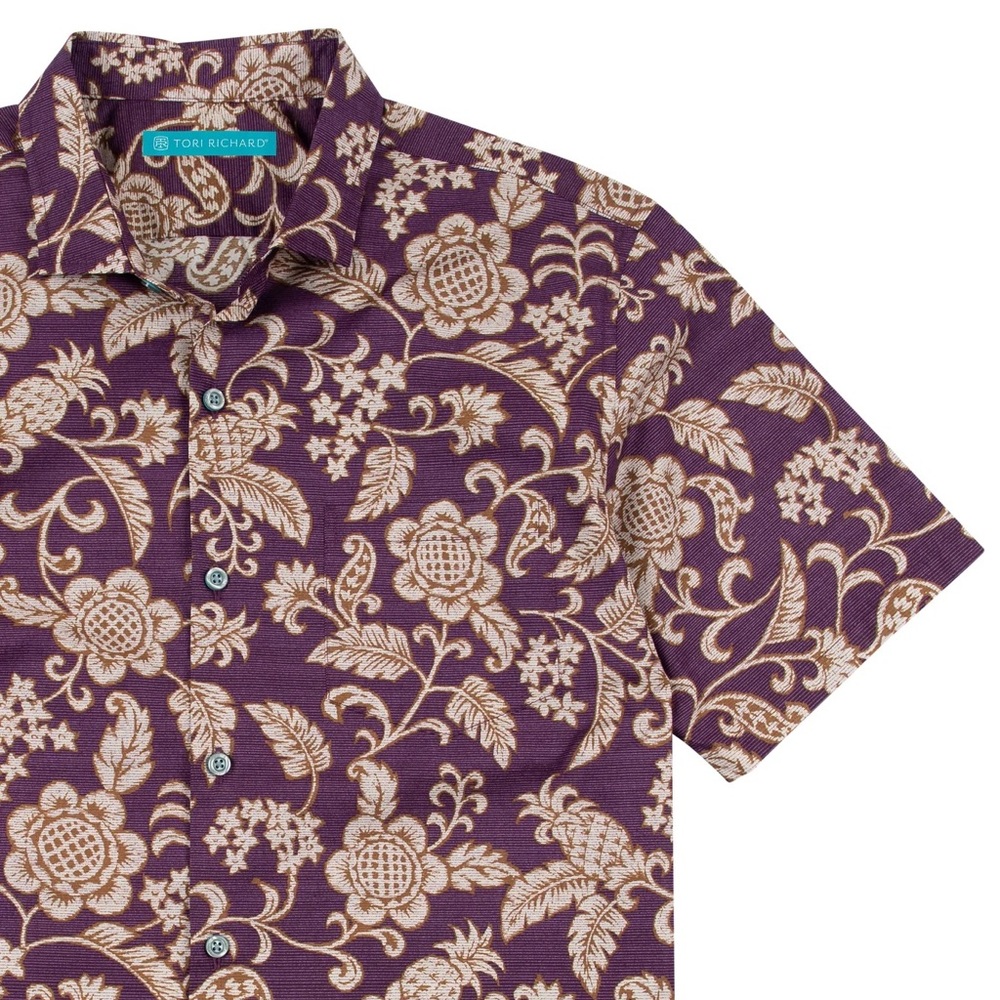 Tori Richard XXL Sport Cut Pine 2 Damask S/S Wine Aloha Shirt